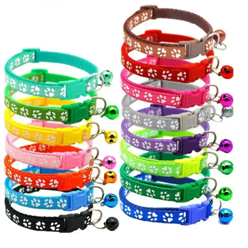Adjustable Pet Collar with Bell – Colourful Paw Print for Cats & Dogs