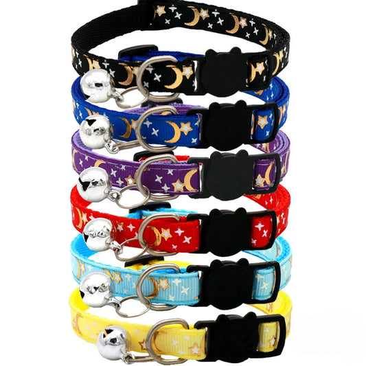 Adjustable Cat Collar with Bell – Cartoon Star & Moon Design