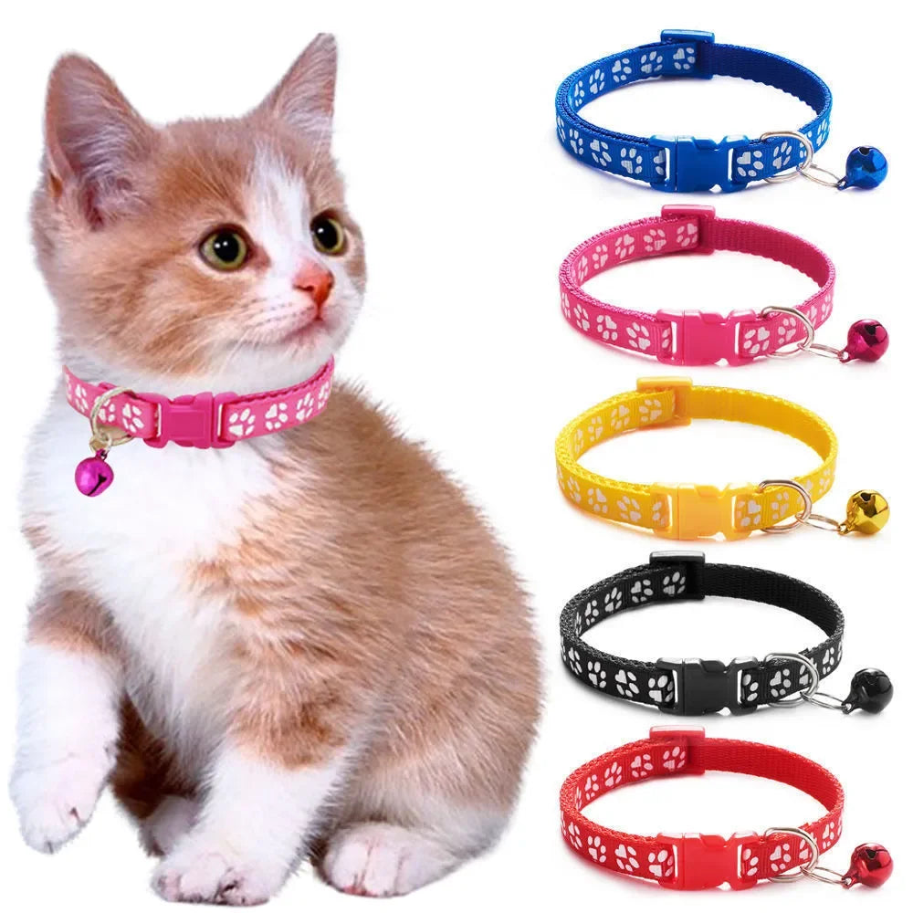 Adjustable Pet Collar with Bell – Colourful Paw Print for Cats & Dogs